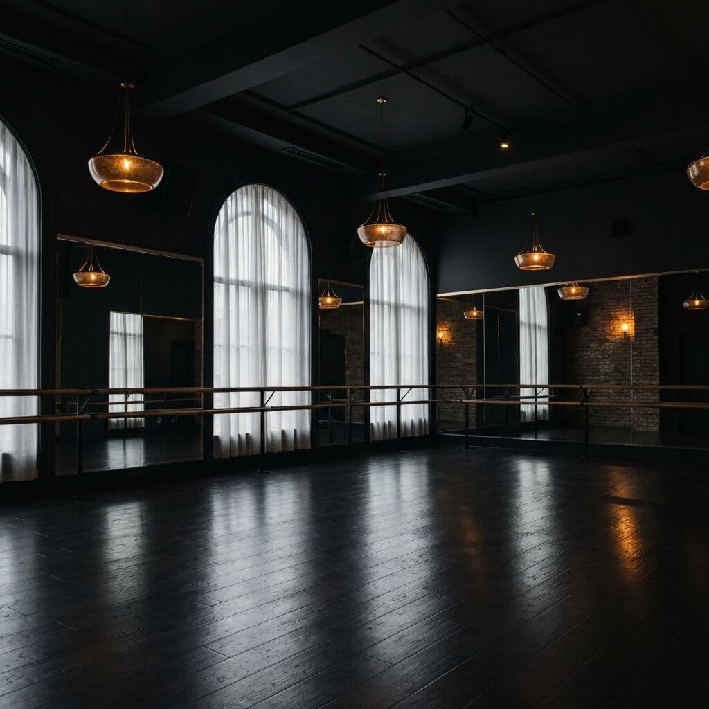 Interior of Noir Dance Studio with dramatic lighting